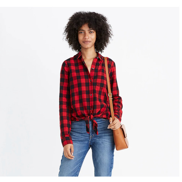 Madewell Tops - MADEWELL Women's Plaid Button Up Tie Front Flannel Shirt Red & Black Size Large